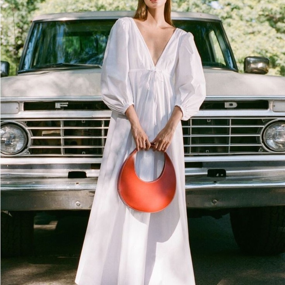 STAUD White V-Neck Tie-Waist Maxi Dress